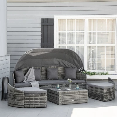 Outsunny Outdoor Round Daybed 4 Pieces Wicker Outdoor Rattan Sofa With Canopy, Cushions, Pillows Patio Bed Sets For Garden Backyard 1 Outsunny Outdoor Round Daybed 4 Pieces Wicker Outdoor Rattan Sofa With Canopy, Cushions, Pillows Patio Bed Sets For Garden Backyard