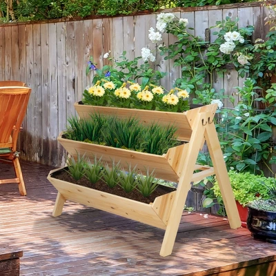 Outsunny 3-Tiers Raised Garden Bed Raised Garden Boxes Wooden Plant Stand With Side Hooks, Great For Flowers Herbs Vegetables, Natural 2 Outsunny 3-Tiers Raised Garden Bed Raised Garden Boxes Wooden Plant Stand With Side Hooks, Great For Flowers Herbs Vegetables, Natural - Image 2