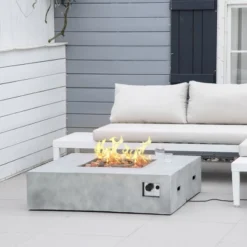 Outsunny Outdoor Propane Fire Pit Table Faux Grey Ledge Stone 42-inch Square Fire Table, 50,000BTU Auto Ignition Gas Firepits With Protective Cover