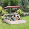 Outsunny Kids Sandbox With Canopy Adjustable, Wooden Sandbox Backyard Toy With Kitchen Playset, Outdoor Activity, Ages 3-7