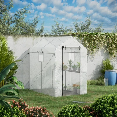Outsunny 47.25" X 73.25" X 74.25" Walk-in Greenhouse, Outdoor Portable Plant Growing Area With Mesh Protected Roll-up Door & Window, 4 Shelves, White 2 Outsunny 47.25" X 73.25" X 74.25" Walk-in Greenhouse, Outdoor Portable Plant Growing Area With Mesh Protected Roll-up Door & Window, 4 Shelves, White - Image 2