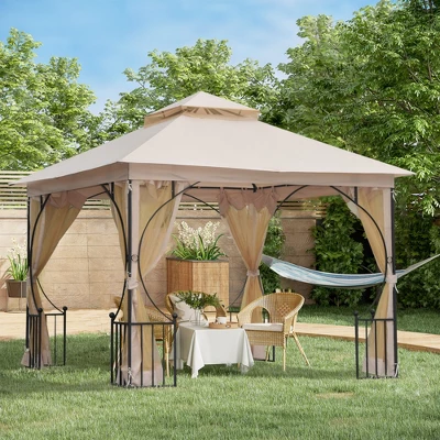 Outsunny 10' X 10' Patio Gazebo Canopy Outdoor Pavilion With Mesh Netting SideWalls, 2-Tier Polyester Roof, & Steel Frame Beige 1 Outsunny 10' X 10' Patio Gazebo Canopy Outdoor Pavilion With Mesh Netting SideWalls, 2-Tier Polyester Roof, & Steel Frame Beige