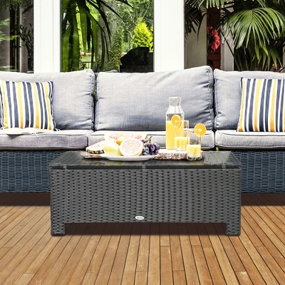 OUTSUNNY Ousunny Patio Furniture, Wicker Coffee Table, Hand-Woven PE Rattan Side Table With A Tempered Glass Top, 33.5" X 19.75", Black 2 OUTSUNNY Ousunny Patio Furniture, Wicker Coffee Table, Hand-Woven PE Rattan Side Table With A Tempered Glass Top, 33.5" X 19.75", Black - Image 2