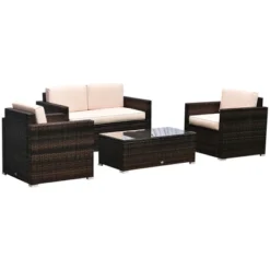 Outsunny 4-Piece Rattan Wicker Furniture Set, Outdoor Cushioned Conversation Furniture With 2 Chairs, Loveseat, And Glass Coffee Table -OUTSUNNY Sales Store GUEST 98e1d0d0 48fa 4fe0 9c05 3456d3c32df6