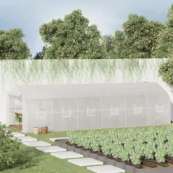 Outsunny Walk-In Greenhouse Tunnel, Large Gardening Plant Hot House With 12 Windows And Zipper Doors For Outdoor, Backyard
