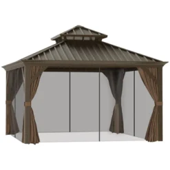 Outsunny Patio Gazebo 12' X 12', Netting & Curtains, 2 Tier Double Vented Steel Roof, Hardtop, Ceiling Hooks, Rust Proof Aluminum, Brown -OUTSUNNY Sales Store GUEST 9f927b1c f5df 4e76 af54 79e999b7f92e