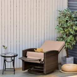 Outsunny Patio PE Rattan Wicker Recliner Chair With 360° Swivel, Soft Cushion, Lounge Chair For Patio, Garden, Backyard