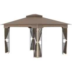 Outsunny 12' X 10' Patio Gazebo Outdoor Canopy Shelter With Double Tier Roof And Netting Sidewalls For Garden, Lawn, Backyard And Deck, Brown -OUTSUNNY Sales Store GUEST a56bdbcb 5a68 41b9 813b 9970dfd97692