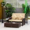 Outsunny Patio Wicker Loveseat Sofa Set, Outdoor PE Rattan Garden Assembled Sun Lounger Daybed Furniture, W/ Storage Ottoman & Side Tables/ Drink Trays For Poolside, Porch, Backyard