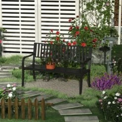 Outsunny 50" Garden Park Bench, Slatted Steel Outdoor Decorative Loveseat For Patio Lawn