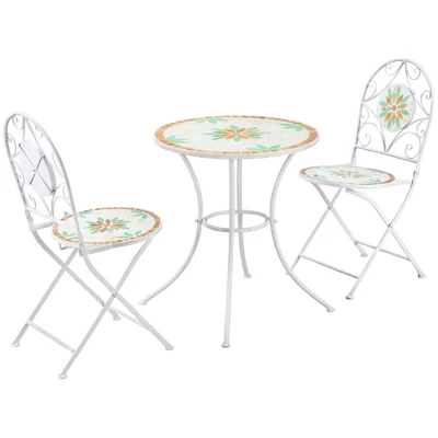 Outsunny 3 Piece Patio Bistro Set, Metal Folding Chairs, Foldable Outdoor Dining Table, Stone Flower Mosaic Spring Flower Pattern, White 3 Outsunny 3 Piece Patio Bistro Set, Metal Folding Chairs, Foldable Outdoor Dining Table, Stone Flower Mosaic Spring Flower Pattern, White - Image 3