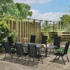 Outsunny 9-Piece Patio Dining Set For 8, Expandable Outdoor Table, Folding And Reclining Padded High Back Chairs, Aluminum Frames, Mesh Seats, Black