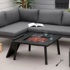 Outsunny 34" X 32" Outdoor Fire Pits, Portable Wood Burning Camping Fire Pit With Spark Screen, BBQ Grate Poker, And Rain Cover For Camping, Black