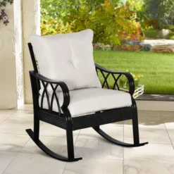 Outsunny Outdoor Wicker Rocking Chair With Padded Cushions, Aluminum Furniture Rattan Porch Rocker Chair W/ Armrest For Garden, Patio, And Backyard
