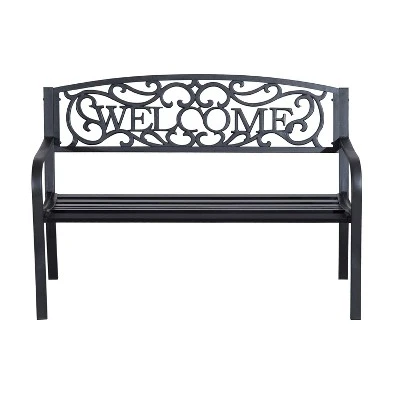 Outsunny 50" Outdoor Metal Welcome Bench, Powder Coated Cast Iron Sign & Steel Frame, 2 Person Bench With Antique Vine Motifs & Slatted Seat, Black 3 Outsunny 50" Outdoor Metal Welcome Bench, Powder Coated Cast Iron Sign & Steel Frame, 2 Person Bench With Antique Vine Motifs & Slatted Seat, Black - Image 3