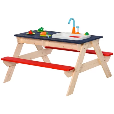 Outsunny Kids Picnic Table And Bench Set With Sandbox, Outdoor Sand & Water Table With Kitchen Toys, Water Circulation Faucet, Vegetable Accessories 3 Outsunny Kids Picnic Table And Bench Set With Sandbox, Outdoor Sand & Water Table With Kitchen Toys, Water Circulation Faucet, Vegetable Accessories - Image 3