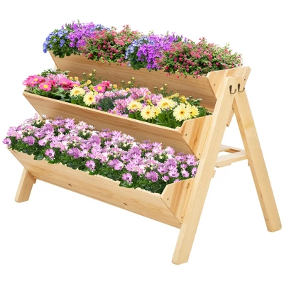 Outsunny 3-Tiers Raised Garden Bed Raised Garden Boxes Wooden Plant Stand With Side Hooks, Great For Flowers Herbs Vegetables, Natural 3 Outsunny 3-Tiers Raised Garden Bed Raised Garden Boxes Wooden Plant Stand With Side Hooks, Great For Flowers Herbs Vegetables, Natural - Image 3