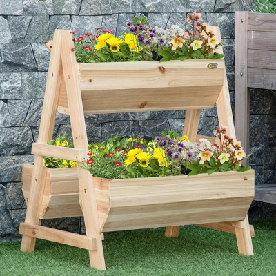 Outsunny Raised Garden Bed, 2 Tier Raised Planter Box With Stand, Nonwoven Fabric For Vegetables, Herbs, Flowers, 27" X 23" X 32", Natural 2 Outsunny Raised Garden Bed, 2 Tier Raised Planter Box With Stand, Nonwoven Fabric For Vegetables, Herbs, Flowers, 27" X 23" X 32", Natural - Image 2