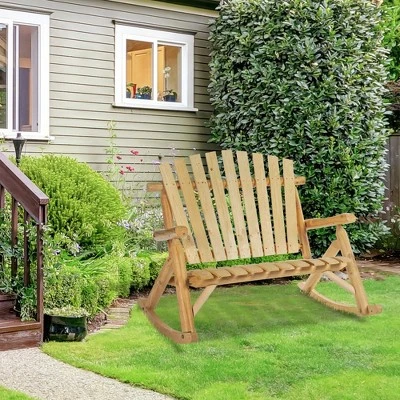 Outsunny Outdoor Adirondack Rocking Chair With Log Slatted Design, 2-Seat Patio Wooden Rocker Loveseat With High Back For Lawn Backyard Garden 2 Outsunny Outdoor Adirondack Rocking Chair With Log Slatted Design, 2-Seat Patio Wooden Rocker Loveseat With High Back For Lawn Backyard Garden - Image 2