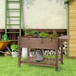 Outsunny 49'' X 21'' X 34'' Raised Garden Bed W/ 8 Grow Grids, Outdoor Wood Plant Box Stand W/ Storage Shelf And Lockable Wheels For Vegetable Flower