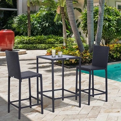 Outsunny 3 PCS Rattan Bar Set With Glass Top Table, 2 Bar Stools For Outdoor, Patio, Garden, Poolside, Backyard 2 Outsunny 3 PCS Rattan Bar Set With Glass Top Table, 2 Bar Stools For Outdoor, Patio, Garden, Poolside, Backyard - Image 2