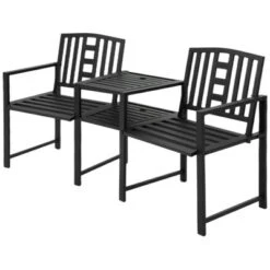 Outsunny Metal Garden Bench With Middle Table And Umbrella Hole, 2-in-1 Double Patio Chairs, Outdoor 2-person Tete-a-Tete, Slatted, Black -OUTSUNNY Sales Store GUEST d49897ac 96ca 486e 96a9 4c1f364520e0