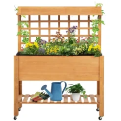 Outsunny 41'' Raised Garden Bed Mobile Elevated Wooden Planter Box Stand With Wheels, Trellis And Storage Shelf, Brown -OUTSUNNY Sales Store GUEST d7413eda c4b9 4635 b734 82e6a86b314c