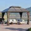 Outsunny 10' X 12' Hardtop Gazebo With Galvanized Steel Rounded Double Roof, Aluminum Frame, Pavilion Gazebo With Netting, Hooks, And Curtains, Brown