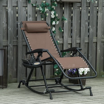 Outsunny Outdoor Rocking Chairs, Foldable Reclining Zero Gravity Lounge Rocker W/ Pillow, Cup & Phone Holder, Combo Design W/ Folding Legs, Brown 2 Outsunny Outdoor Rocking Chairs, Foldable Reclining Zero Gravity Lounge Rocker W/ Pillow, Cup & Phone Holder, Combo Design W/ Folding Legs, Brown - Image 2