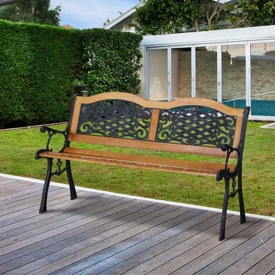 Outsunny 50" Outdoor Garden Bench, Park Style Patio Bench With A 2 Person Loveseat Design, Wood & Metal With Antique-like Flourishes, Teak 2 Outsunny 50" Outdoor Garden Bench, Park Style Patio Bench With A 2 Person Loveseat Design, Wood & Metal With Antique-like Flourishes, Teak - Image 2