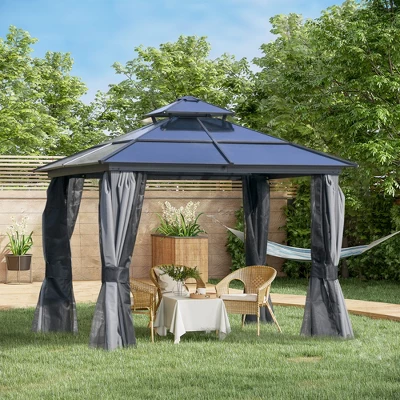 Outsunny Hardtop Gazebo Outdoor Polycarbonate Canopy Aluminum Frame Pergola With Double Vented Roof, Netting & Curtains For Garden 2 Outsunny Hardtop Gazebo Outdoor Polycarbonate Canopy Aluminum Frame Pergola With Double Vented Roof, Netting & Curtains For Garden - Image 2