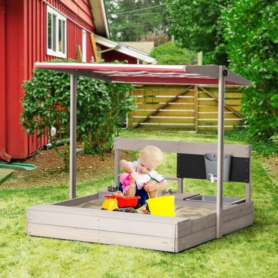 Outsunny Kids Sandbox With Canopy Adjustable, Wooden Sandbox Backyard Toy With Kitchen Playset, Outdoor Activity, Ages 3-7 2 Outsunny Kids Sandbox With Canopy Adjustable, Wooden Sandbox Backyard Toy With Kitchen Playset, Outdoor Activity, Ages 3-7 - Image 2