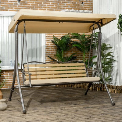 Outsunny 3-Seat Patio Swing Chair, Outdoor Canopy Swing Glider With Cushion, Adjustable Shade, And Slatted Design, For Porch, Garden, Poolside, Beige 2 Outsunny 3-Seat Patio Swing Chair, Outdoor Canopy Swing Glider With Cushion, Adjustable Shade, And Slatted Design, For Porch, Garden, Poolside, Beige - Image 2