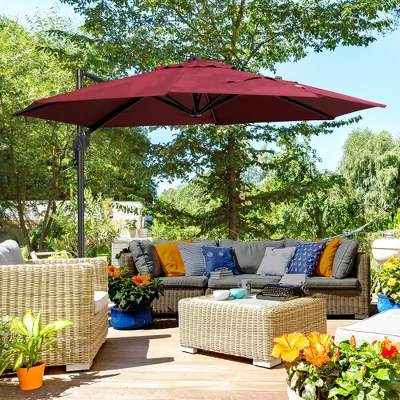 Outsunny 9.8' Offset Patio Umbrella With Base, Steel Aluminum Cantilever Umbrella With 360-degree Rotation, Tilt, 8 Ribs, Crank, Cross Base, Red 2 Outsunny 9.8' Offset Patio Umbrella With Base, Steel Aluminum Cantilever Umbrella With 360-degree Rotation, Tilt, 8 Ribs, Crank, Cross Base, Red - Image 2