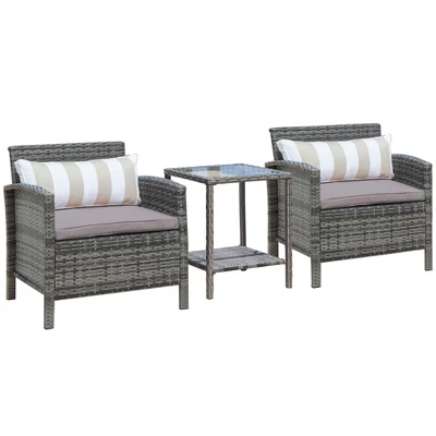 Outsunny 3 Pcs Rattan Wicker Bistro Set With Soft Cushions, Outdoor Conversation Coffee Sets With Glass Table Top And Open Storage Shelf For Patio, Backyard, Garden 9 Outsunny 3 Pcs Rattan Wicker Bistro Set With Soft Cushions, Outdoor Conversation Coffee Sets With Glass Table Top And Open Storage Shelf For Patio, Backyard, Garden - Image 9