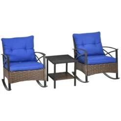 Outsunny 3 Piece Rocking Bistro Set, Outdoor Wicker Patio Furniture, 2 Porch Rockers, Table, Tufted Cushions, Conversation Set, Dark Blue -OUTSUNNY Sales Store GUEST f1d80936 74a8 47ed b81c c7f634688463