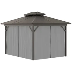 Outsunny 10' X 12' Metal Hardtop Gazebo With Mesh Sidewalls & Curtains, Double Roof Pavilion For Patio, Backyard, Deck, Porch, Gray -OUTSUNNY Sales Store GUEST f1f67e06 d82b 47b8 83fe e3d4c7e1ac21