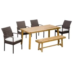 Outsunny Outdoor Dining Set For 6, Patio Dining Furniture Set With PE Wicker Chairs, Armrests, Wood Loveseat Bench & Dinner Table, Cushions, White -OUTSUNNY Sales Store GUEST f299185d 813e 4713 8a2d 960cbeb561fb