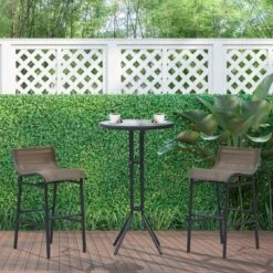 Outsunny 3 Piece Bar Height Outdoor Bistro Set For 2, Round Patio Pub Table 2 Bar Chairs With Comfortable Design & Durable Build, Black/Tan