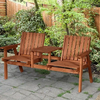 Outsunny Wooden Garden Bench With Umbrella Hole & Middle Table, Outdoor Loveseat With Weather-Fighting Material 2 Person Chair For Garden, Patio, Balcony 1 Outsunny Wooden Garden Bench With Umbrella Hole & Middle Table, Outdoor Loveseat With Weather-Fighting Material 2 Person Chair For Garden, Patio, Balcony